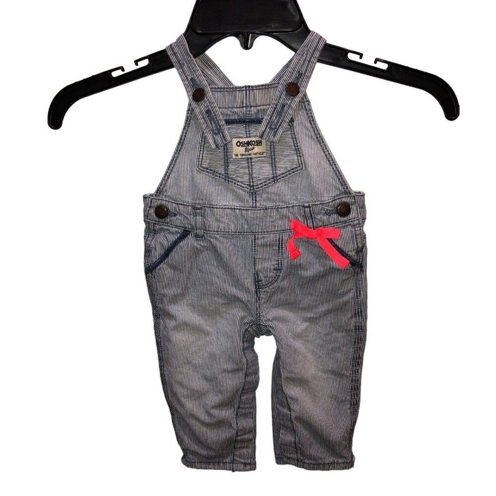 Oshkosh Bgosh Baby Girls Size 6M Blue Striped Pink Ribbon Bib Overalls Pants 6 M